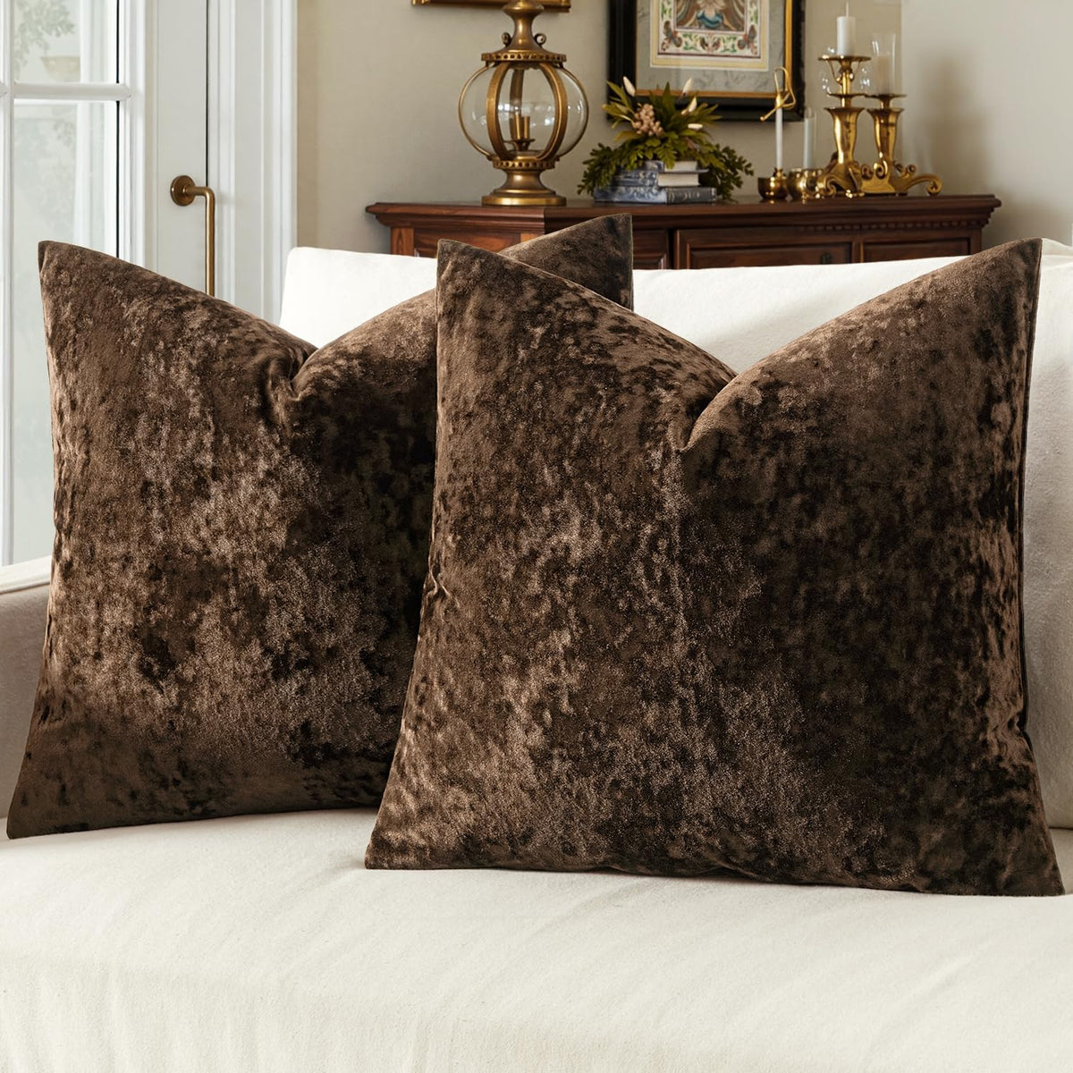 Fall Velvet Throw Pillow Cover Brown 20x20 inch Set of 2