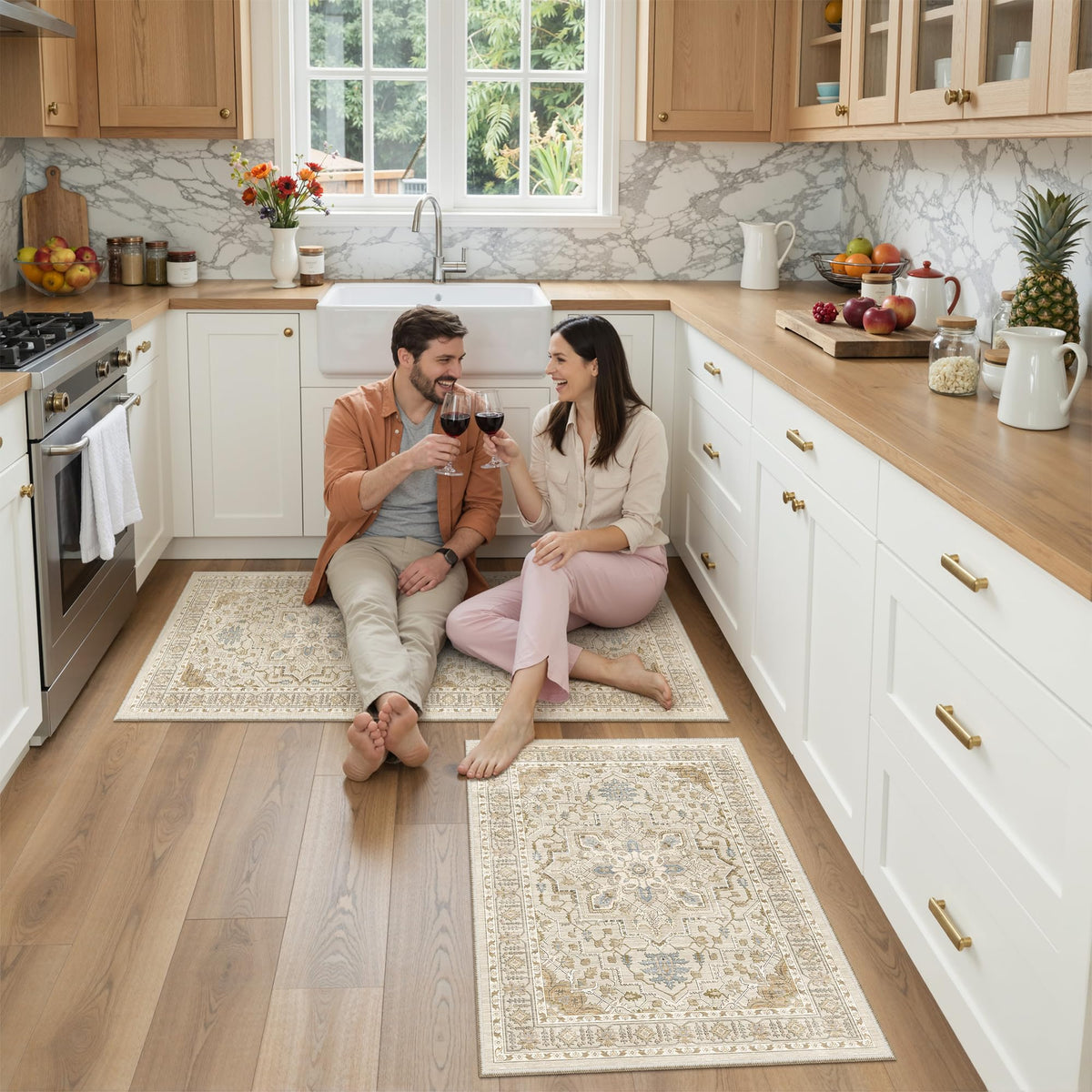 2-Piece Area Rugs Set, Small Kitchen Runner Non-Slip, Beige/Blue