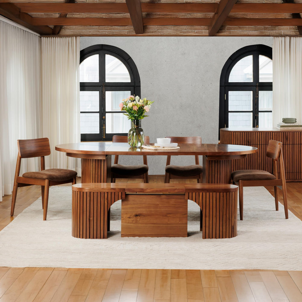 Solid Wood Extendable Round Dining Table Set, Royal Brown