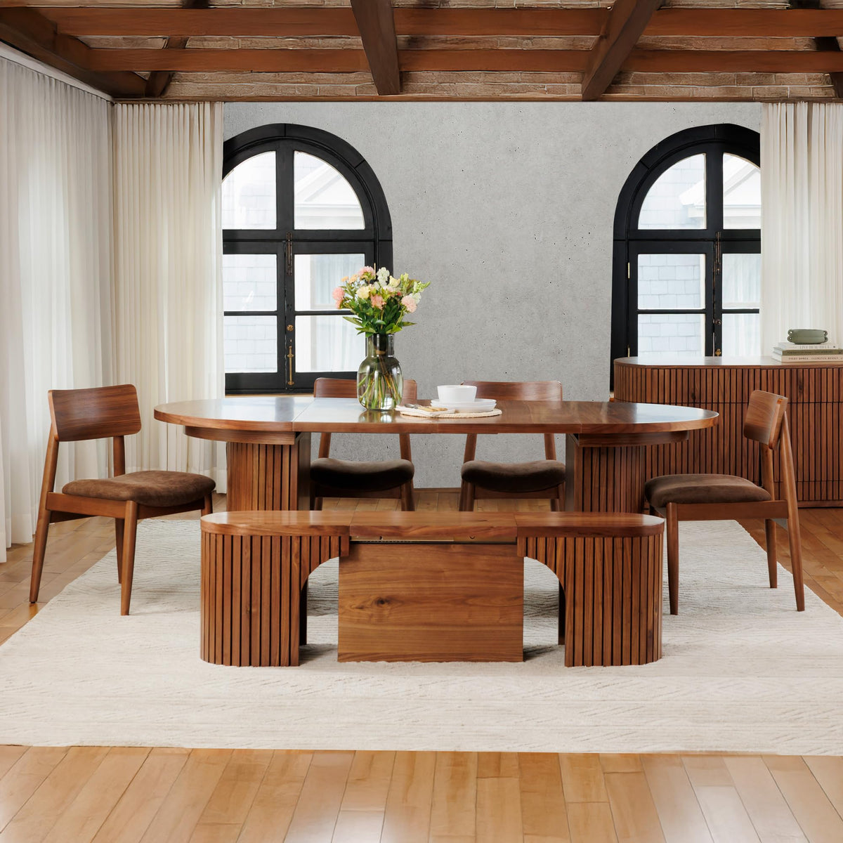 Solid Wood Extendable Round Dining Table Set, Royal Brown
