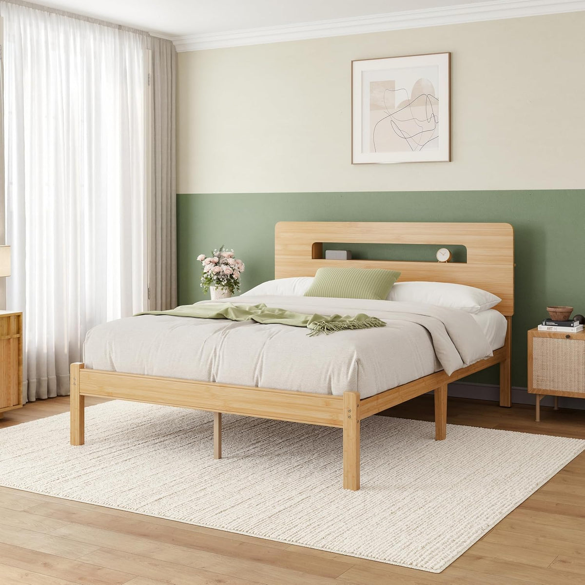 Solid Bamboo Wood Queen Bed Frame with Storage Headboard, 14 inch Platform Bed Frame Queen No Box Spring Needed with Steel Slats, Sturdy and Stable, Easy Assembly, Noise Free