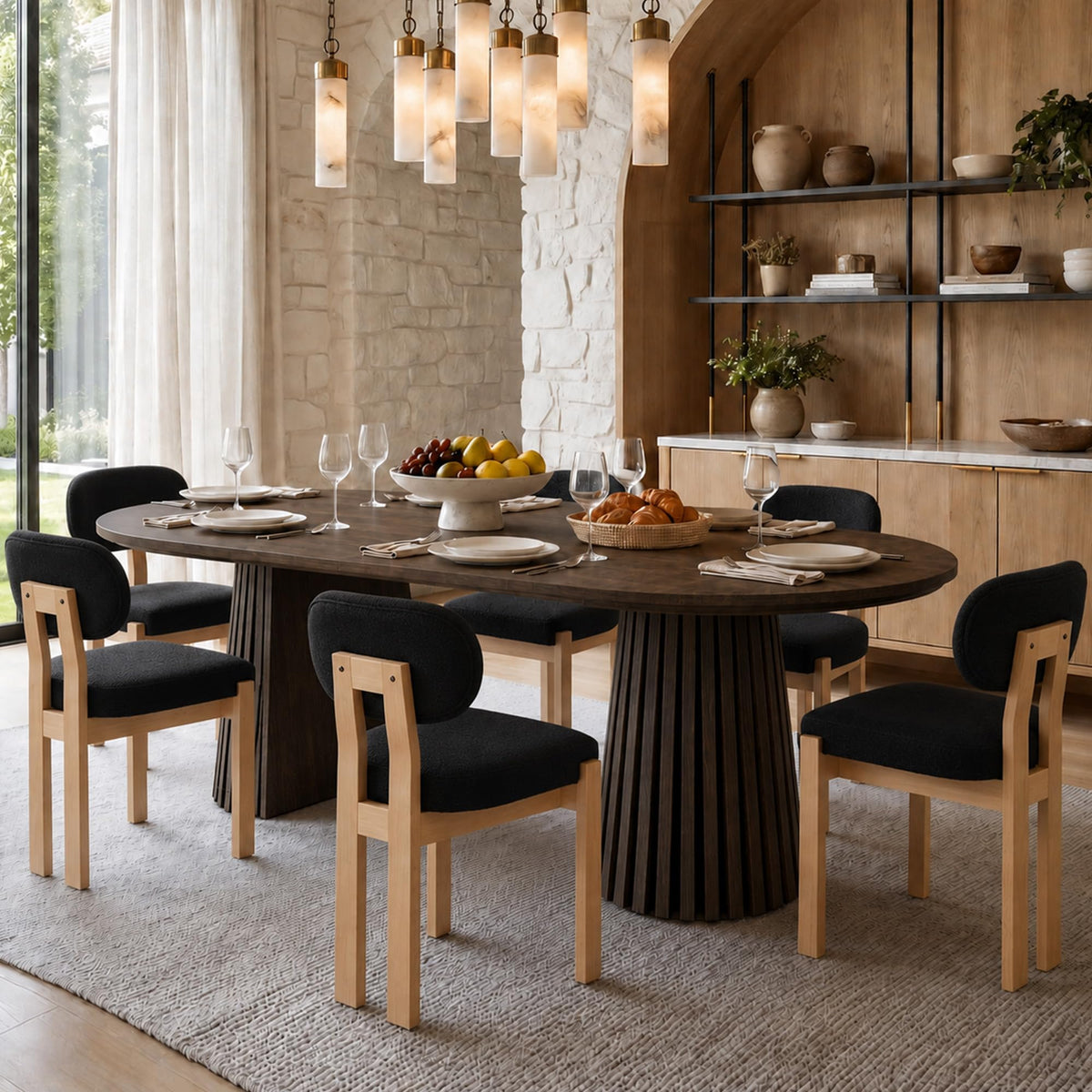7-Piece Extendable Dining Table Set, 70" Walnut Table with 6 Black Chairs