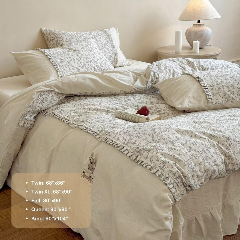 Floral Duvet Cover with 2 Pillowcases, 80"×90", Cotton Linen