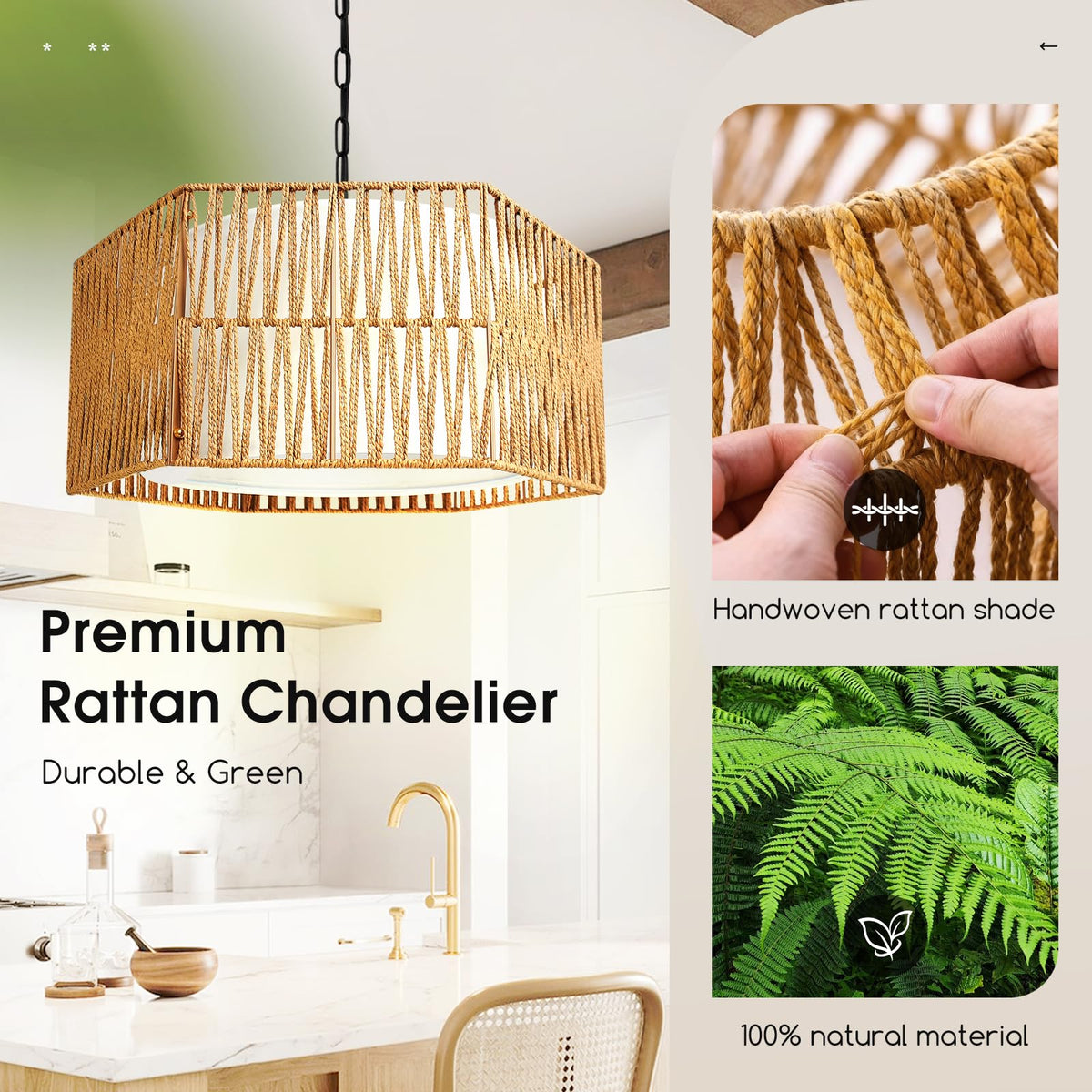 5-Lights Boho Rattan Chandelier 19" Farmhouse Chandelier