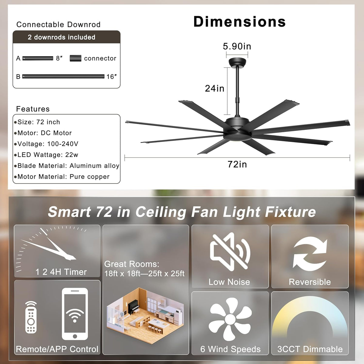 72" Large Ceiling Fan No Light - Industrial Fan Remote & APP Control, Quiet DC Motor, Indoor/Outdoor Ceiling Fan