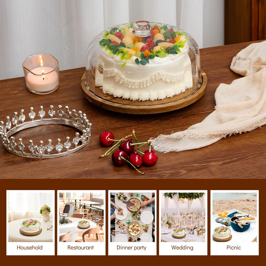 Cake Stand with Lid, Rotating Cake Holder with Dome, Wood Lazy Susan with Cover, Cake Stand for