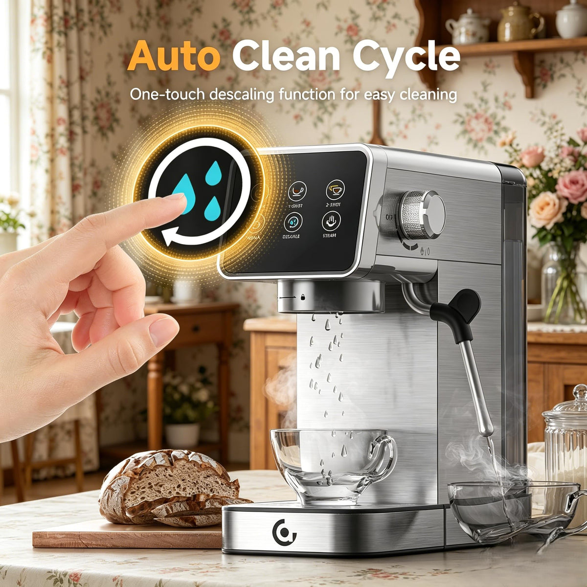 Espresso Machine with Self-Cleaning, 20Bar Coffee Maker, Platinum