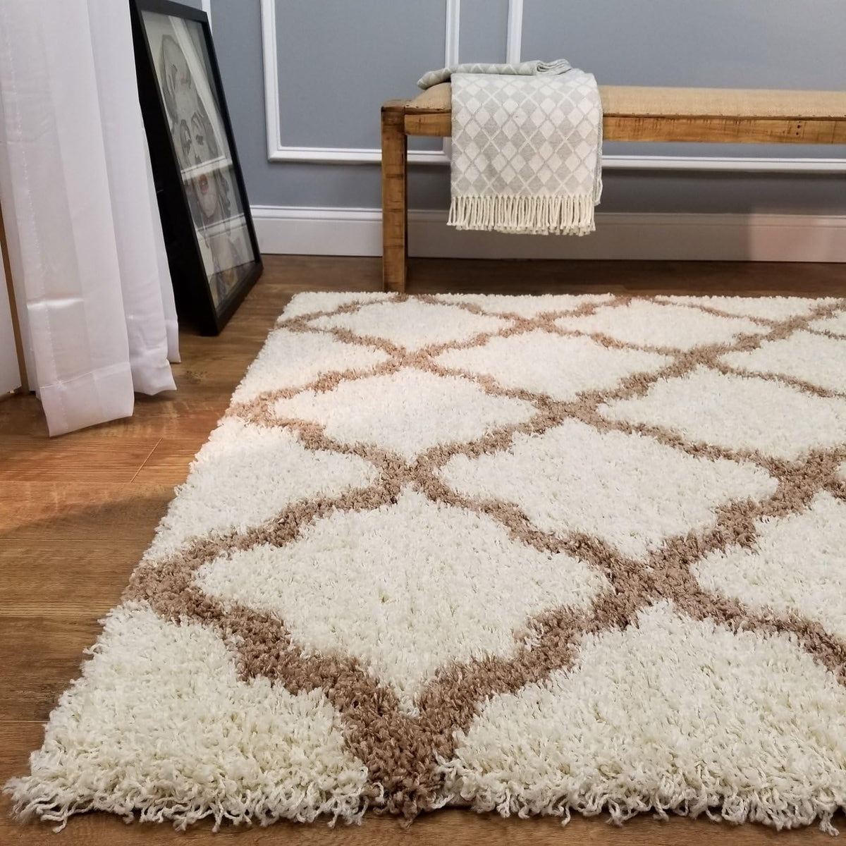 Shag Area Rug, New Moroccan Trellis Ivory, Everyday Use, (60 inch x 84 inch)