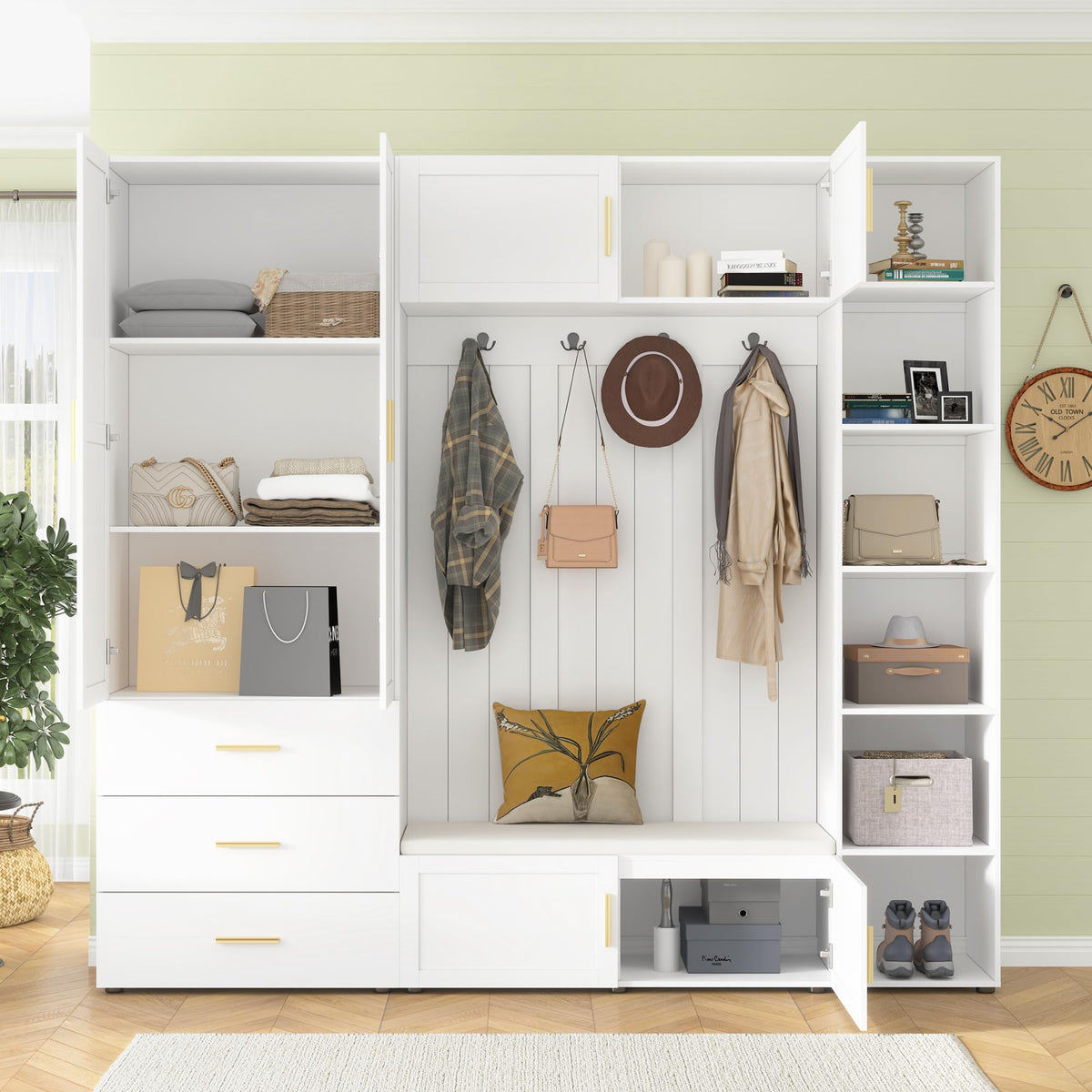 Wide Hall Tree with Cabinet and Bench, Farmhouse Mudroom Storage Organizer with 4 Hooks, and Adjustable Storage