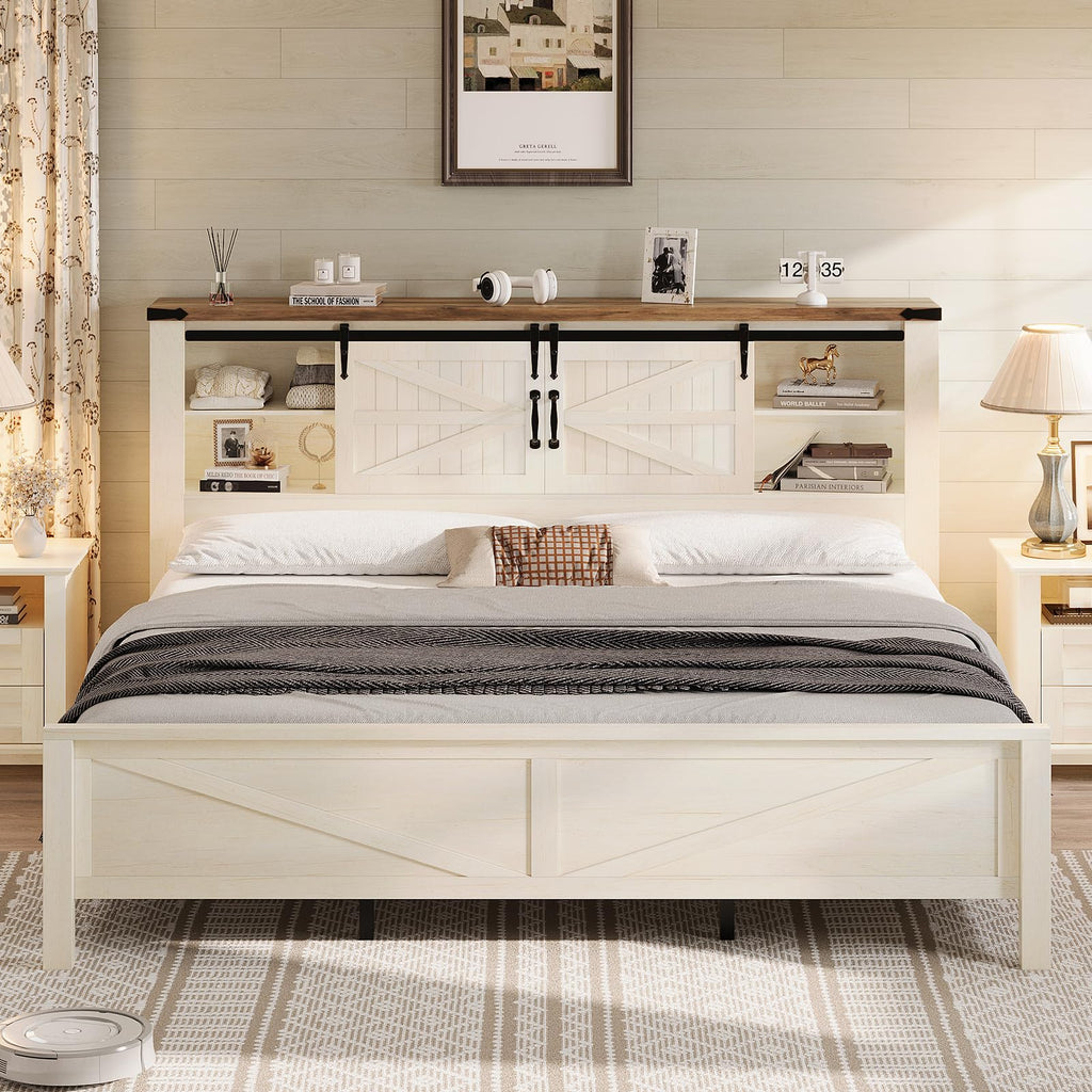 Farmhouse Platform Bed with Storage Headboard