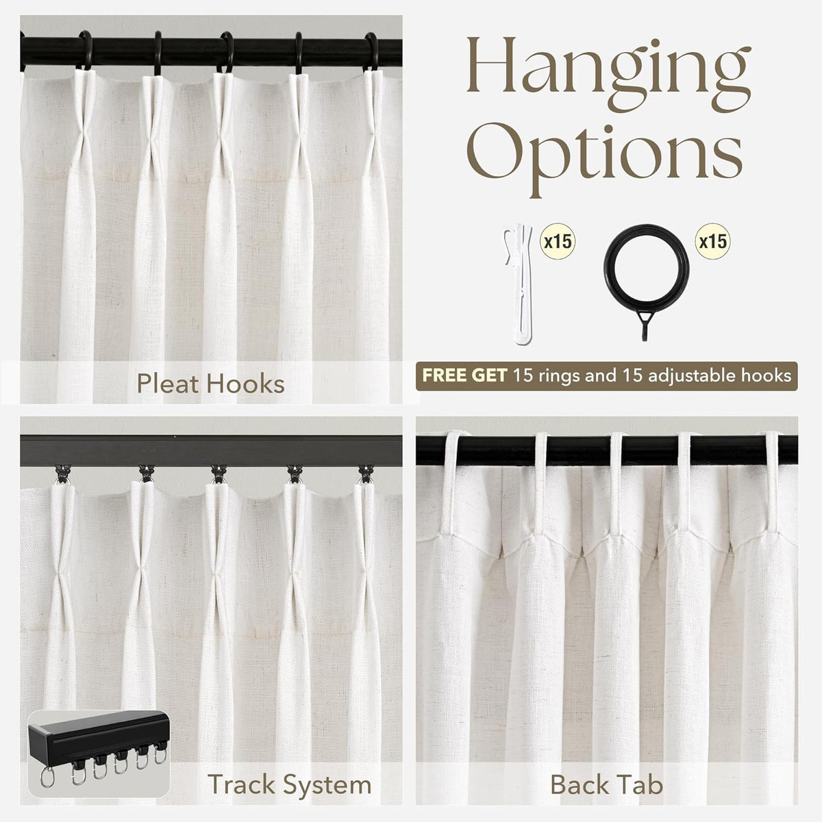 Memory Trained Pinch Pleated Linen Curtains with Hooks Living Room 2 Panels