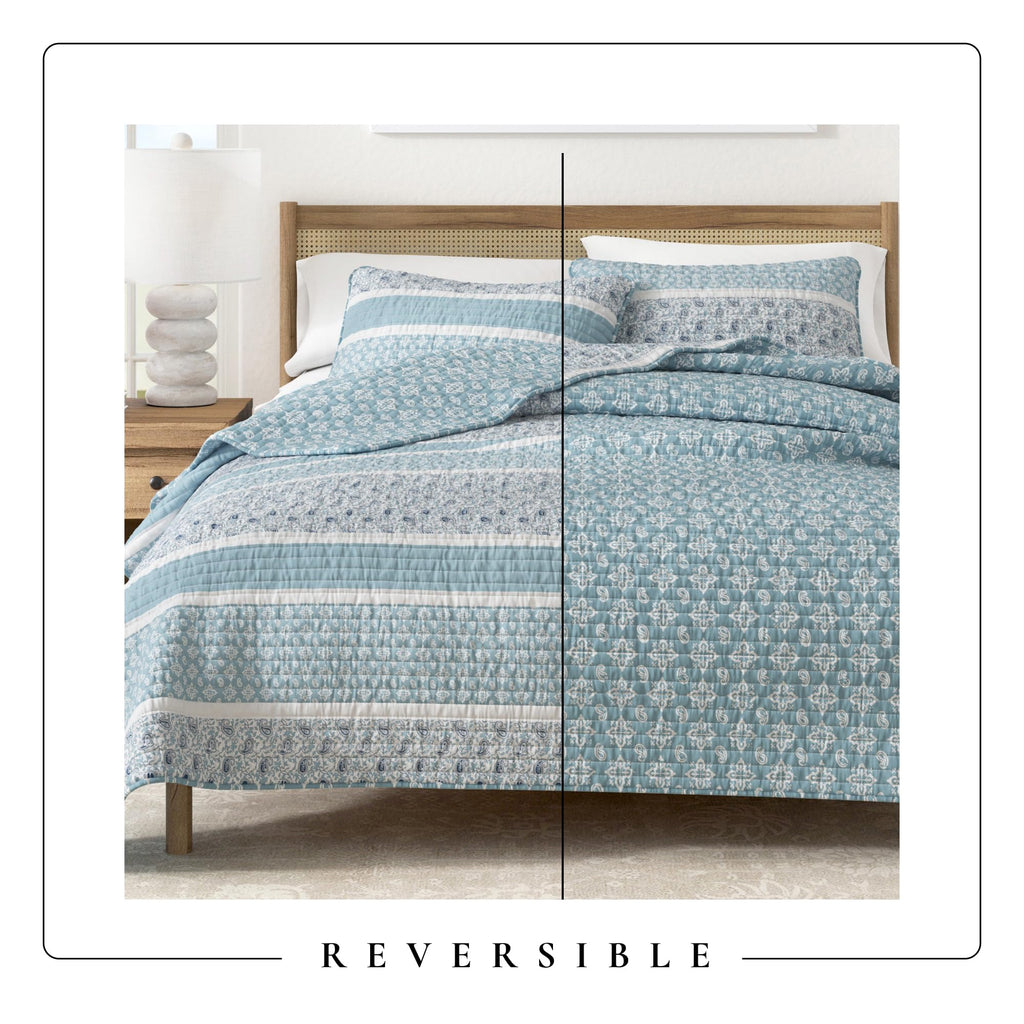 Striped Quilt Set - 3-Piece Size Paisley Bedding Set - Lightweight, All-Season, Reversible