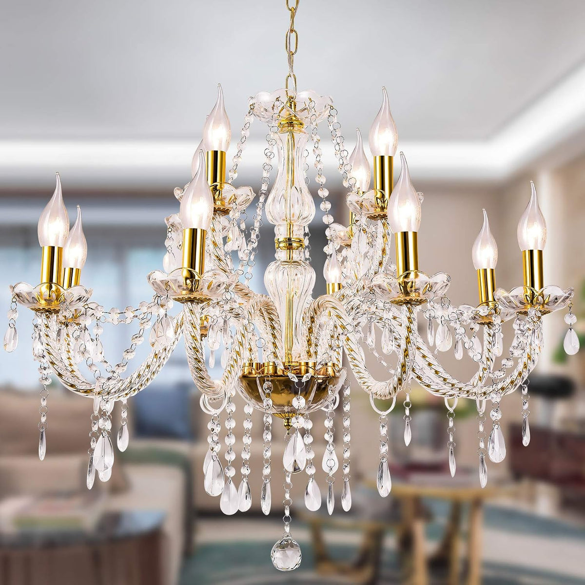 Twelve-Light K9 Crystal Candle Chandelier for Formal Dining Rooms