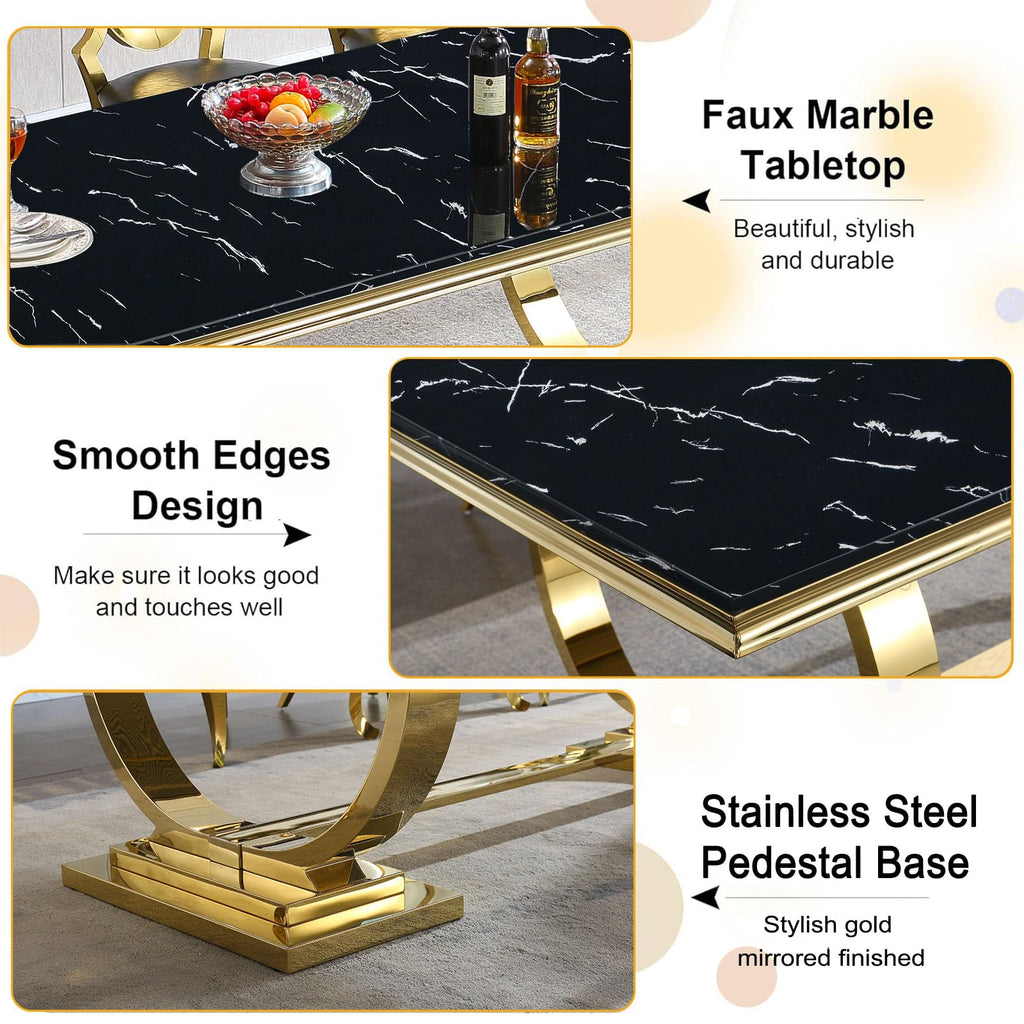 Inspired Saarinen Style 68" Black Marble Dining Table for 6 to 8 Person, Large Rectangular Faux Marble Tabletop & Gold O Shape Pedestal Base