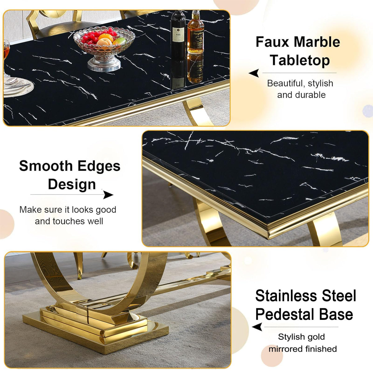 Inspired Saarinen Style 68" Black Marble Dining Table for 6 to 8 Person, Large Rectangular Faux Marble Tabletop & Gold O Shape Pedestal Base