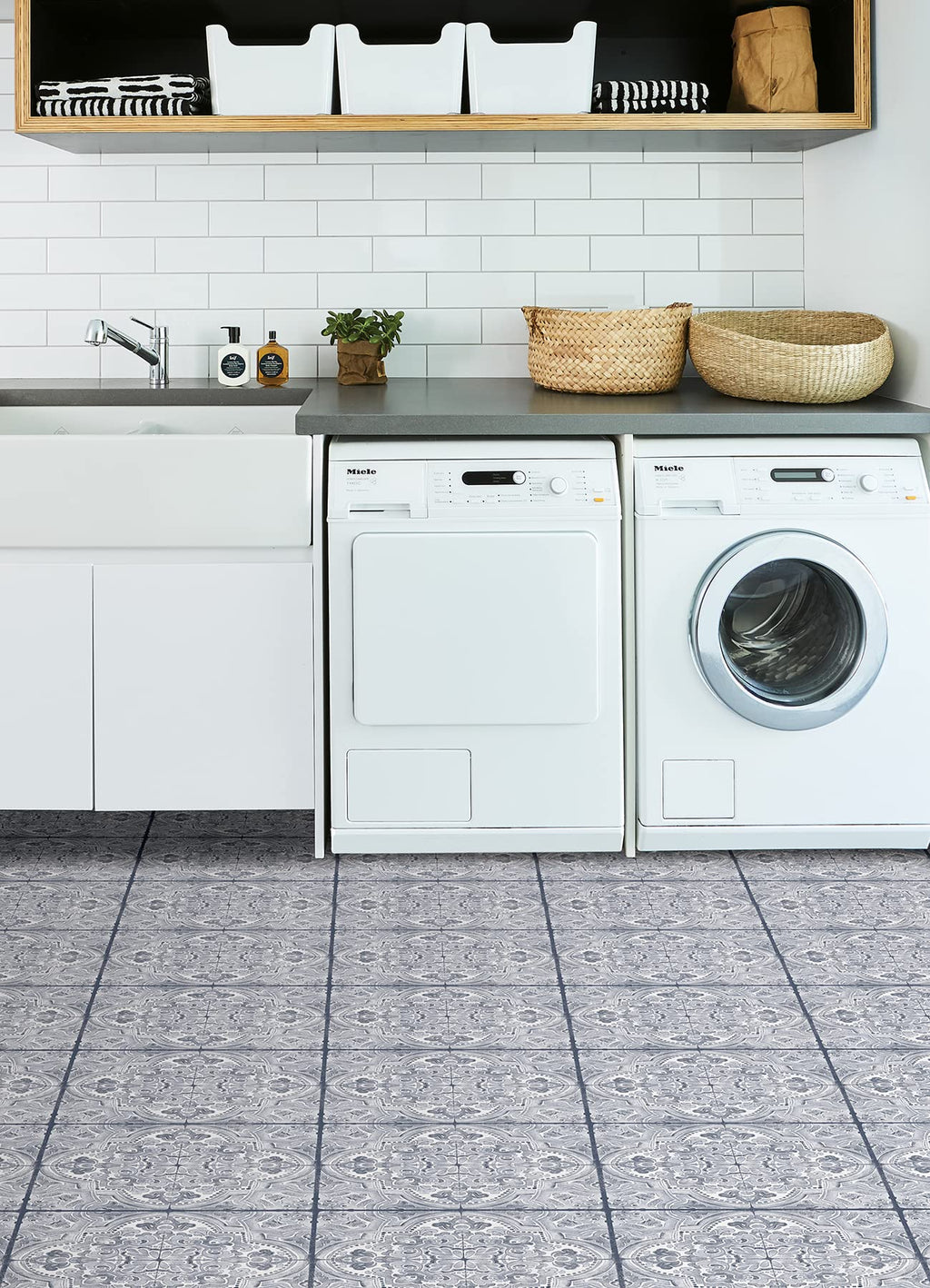 Hastings Peel and Stick Floor Tiles, Blue, Medallion Vinyl Floor Tiles, Water Resistant, 12 in x 12 in, Pack of 10