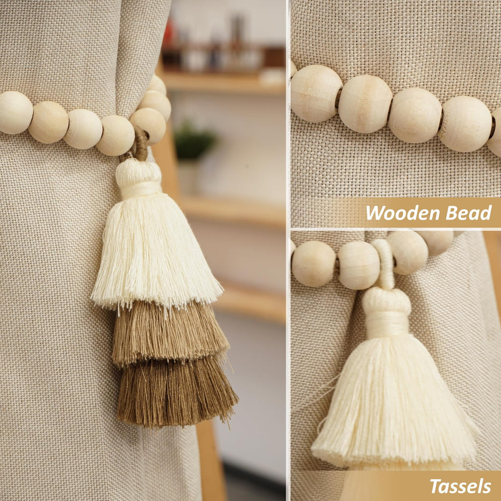 No Drill Curtain Tiebacks with Strong Magnetic Closure, Natural Wood Beads Boho Holdbacks with Triple Tassels