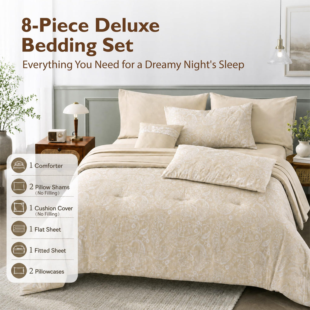 Luxury Jacquard Elegant Comforters, 8 Piece Champagne for All Season