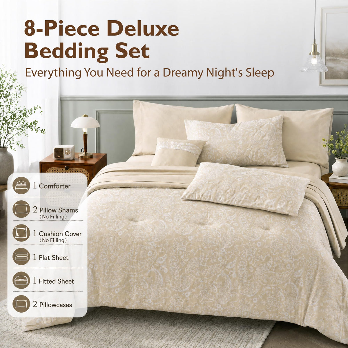 Luxury Jacquard Elegant Comforters, 8 Piece Champagne for All Season