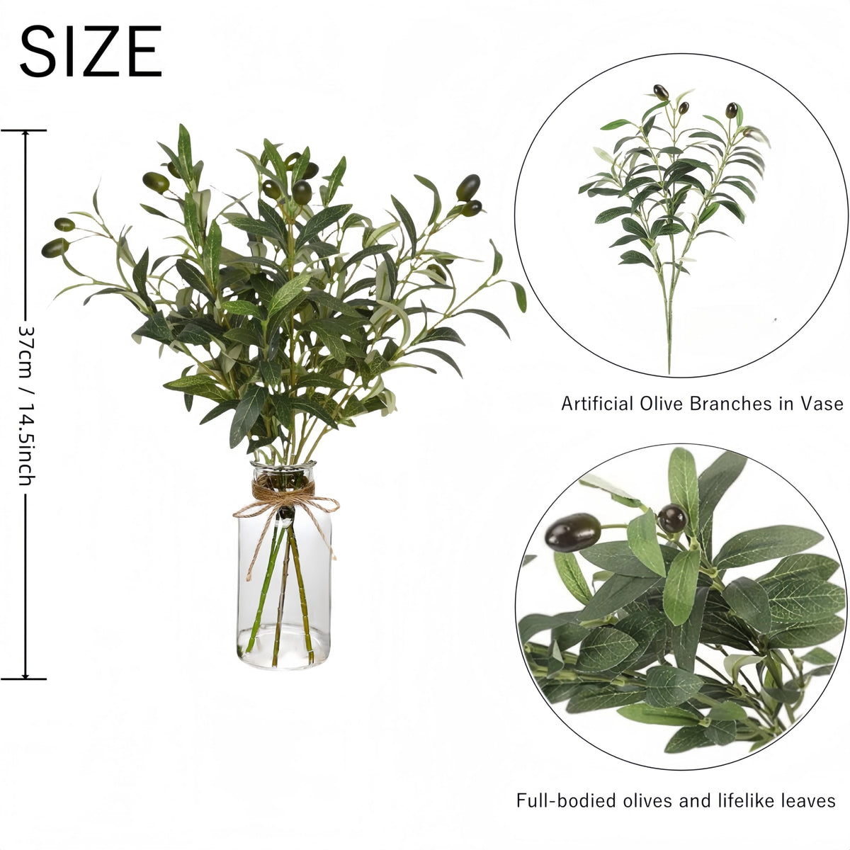 Artificial Plants Olive Branch in Glass Vase, 14.5" Fake Plant Greenery Stems with Olive Branches Faux Eucalyptus