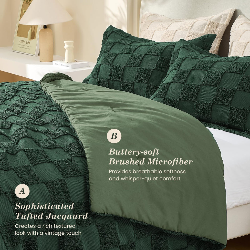 Comforter Set, 3 PC Boho Tufted Bed, Checkered Bedding, Green