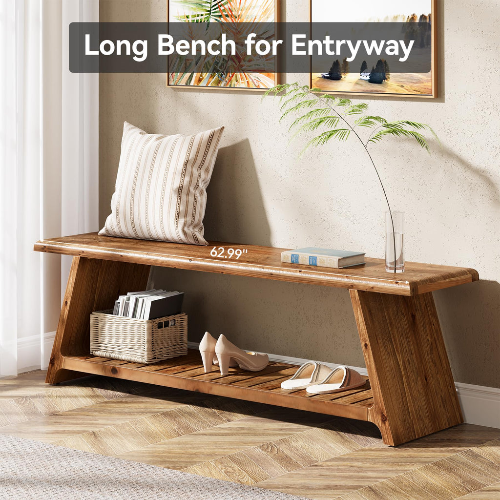 63-Inch Long Solid Wood Entryway Bench, Farmhouse Narrow Shoe Bench Seat, End of Bed with Storage for Entry, Hallway