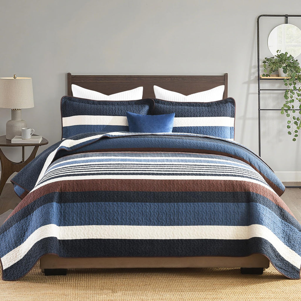 100% Cotton Quilt, Dark Blue and Brown Striped Quilt Set