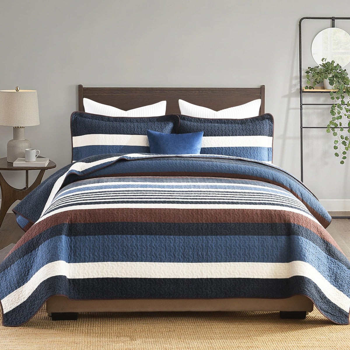 100% Cotton Quilt, Dark Blue and Brown Striped Quilt Set