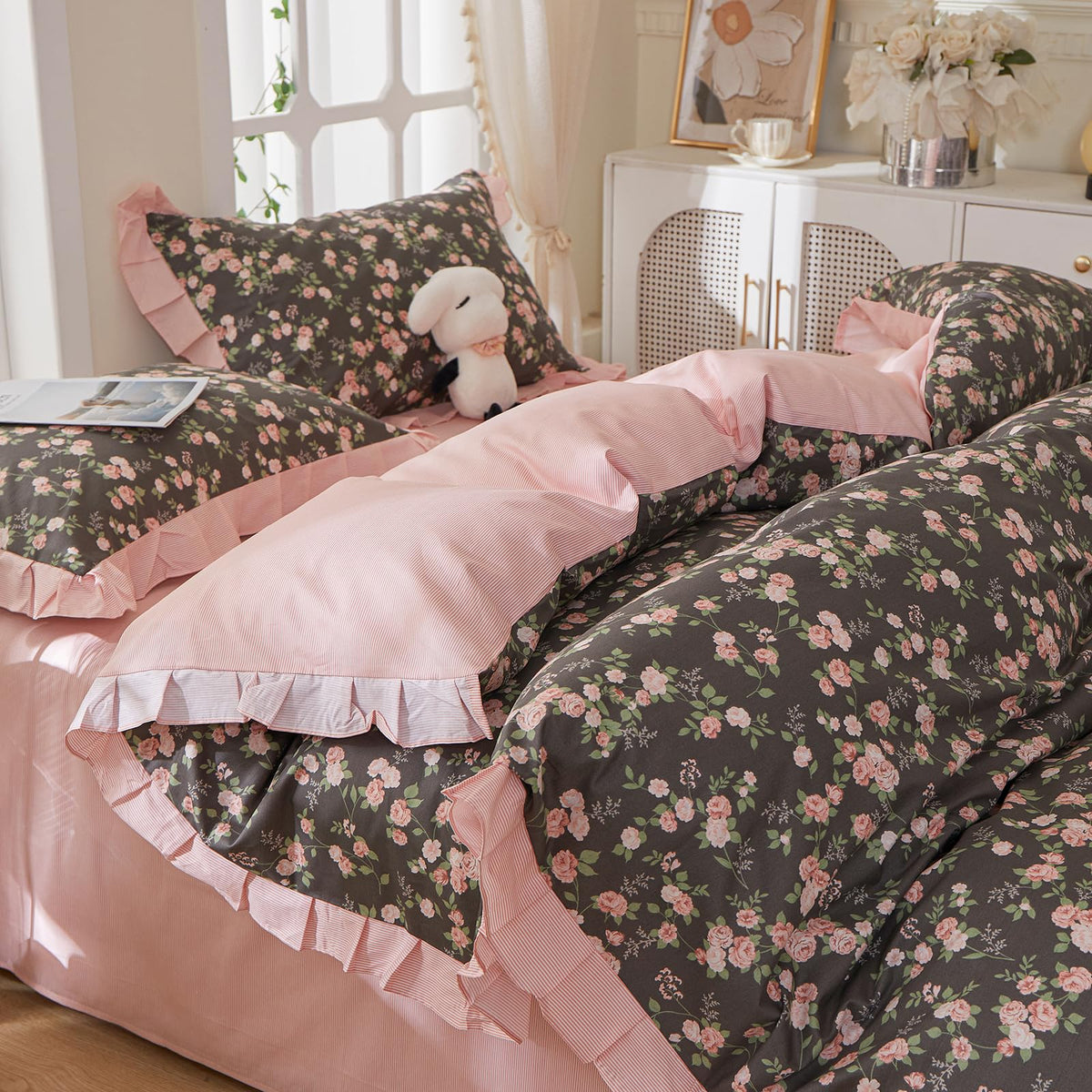 Pink Floral Ruffled Duvet Cover Set, Soft 100% Cotton Striped Bedding Duvet Cover with 2 Pillowcases, Vintage