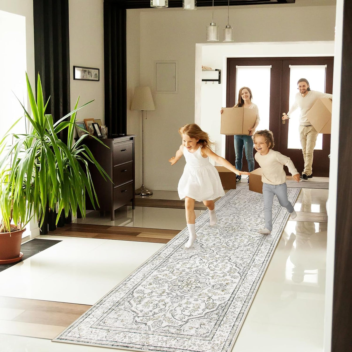 Oriental Runner for Hallways Washable Beige Kitchen Runners Non Skid Long Entryway Rug Runners 10ft Ulra-Thin