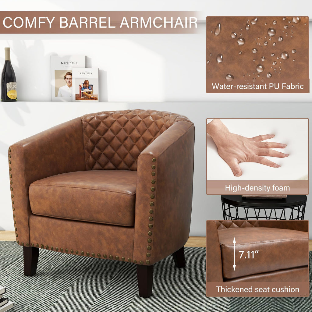Set of 4 Faux Leather Barrel Accent Chair, Nailhead Trim & Solid Wood Legs, Brown