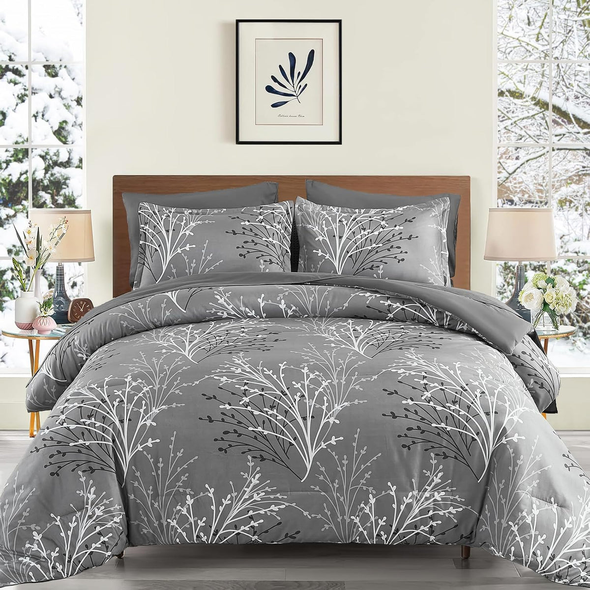 Gray Branch Botanical Comforter Set, 7-Piece Bed in a Bag