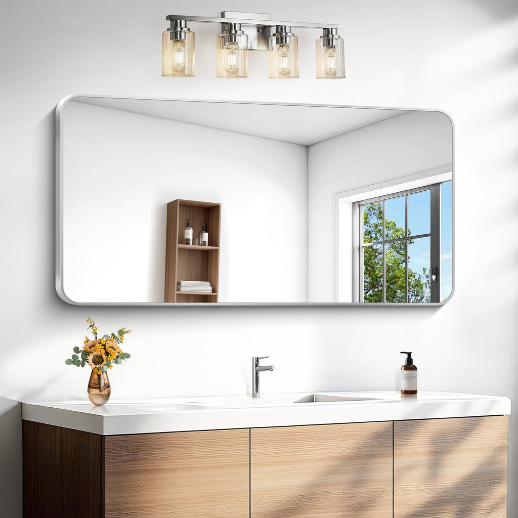 Silver Bathroom Mirror,24x48 inch Wall Mirror Wall Mounted,Rectangle Mirror Over Sink,Modern Frame Round Corner