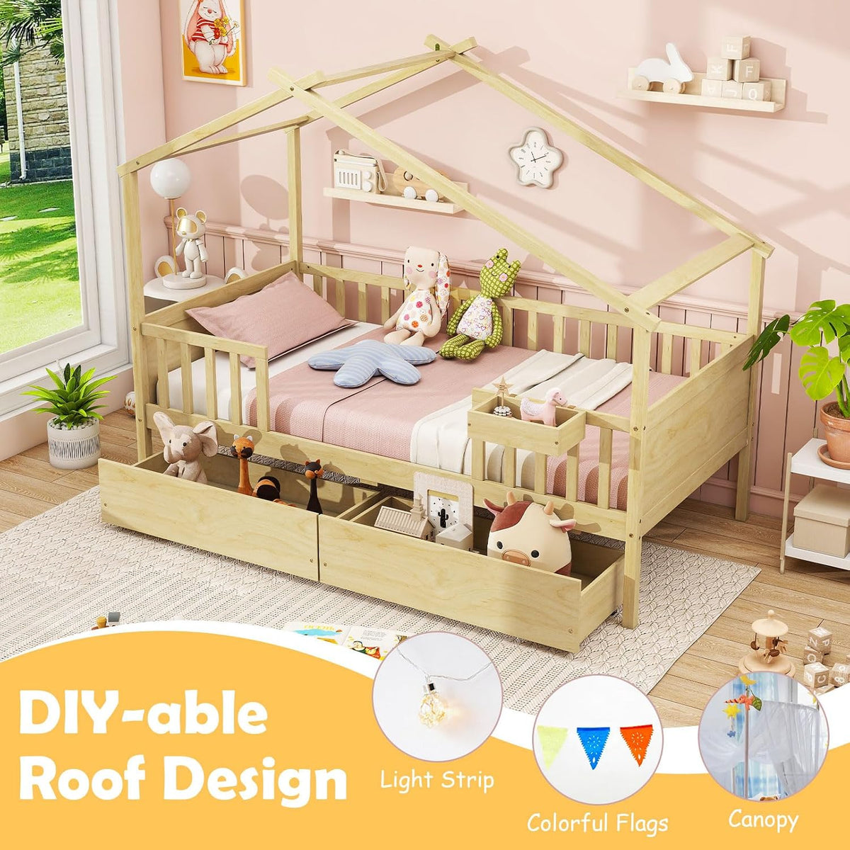 Tw Bed with Drawers, Wooden Bed Frame with Cube Storage & Fence Rails, Montessori Beds for Kids Boys, Girls