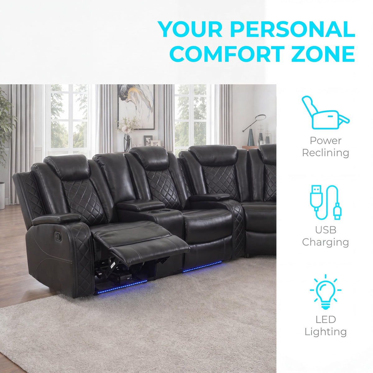 Power Reclining Leather Sectional Sofa Set, 6-Seat Black Curved Sofa and Loveseat, with LED Lights, Cup Holders and
