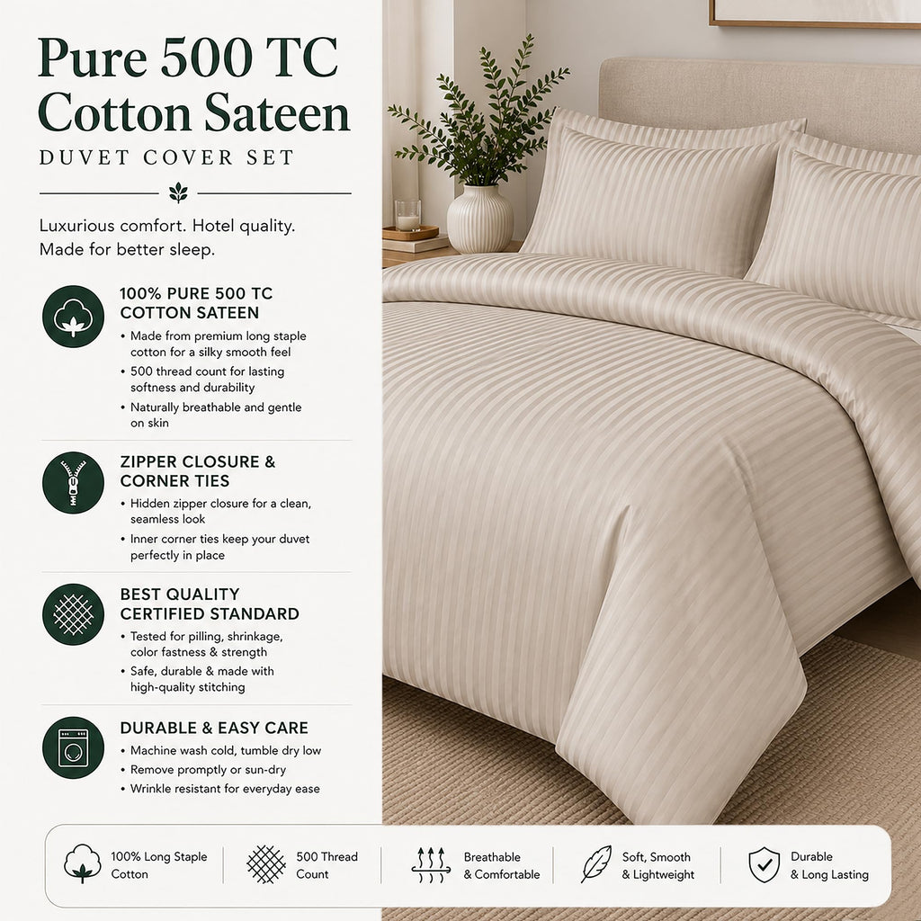 & Stitch Queen Size Duvet Cover Set, 500 Thread Count Damask Stripe 3 Piece Full Size Duvet Insert Cover Set, 100%