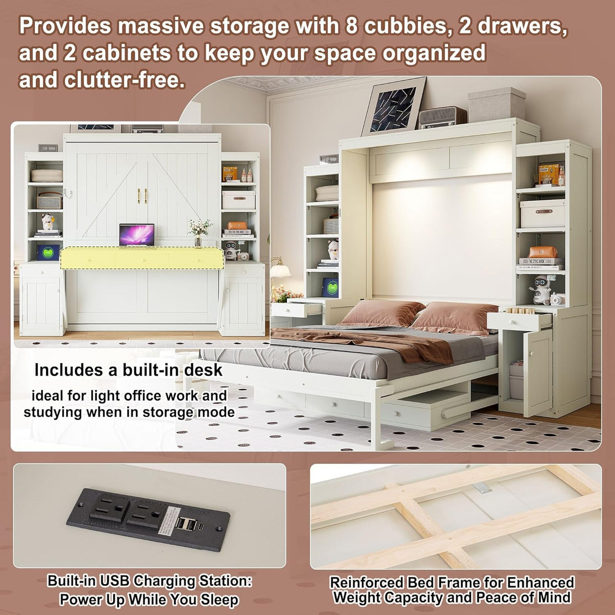 Queen Murphy Bed with Desk & Storage, Wood Wall Bed for Apartments Bedroom Home Office Studio (White#B, Queen)
