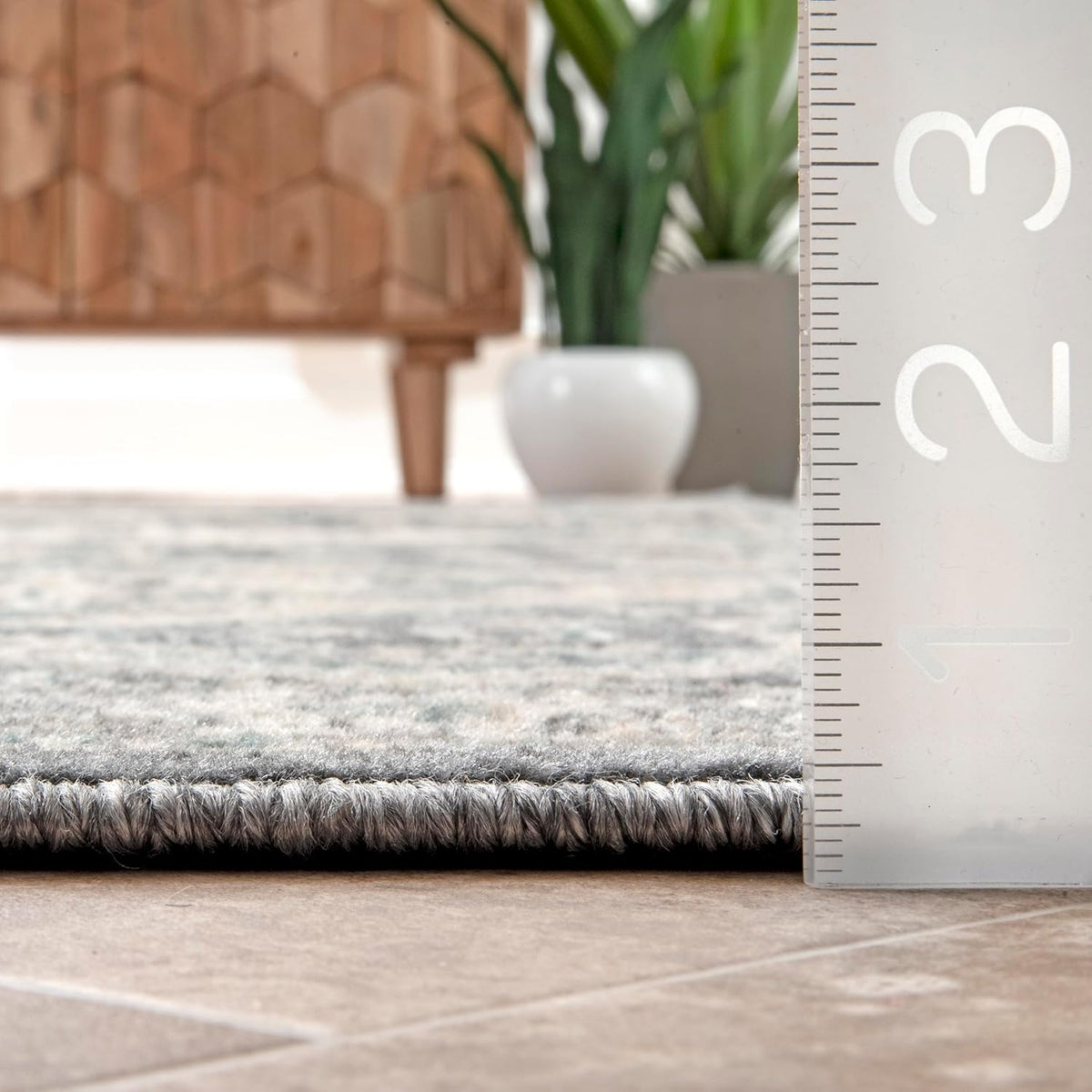 Becca Traditional Tiled Area Rug, Charcoal, Faded Transitional Design, Stain Resistant