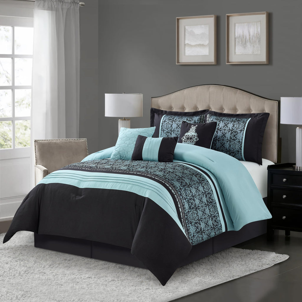 Damask 7 Piece Comforter Set, King, Aqua/Black