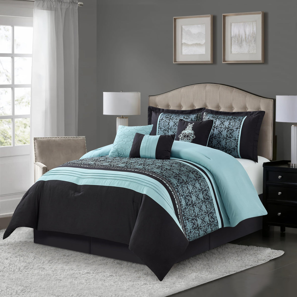 Damask 7 Piece Comforter Set, King, Aqua/Black