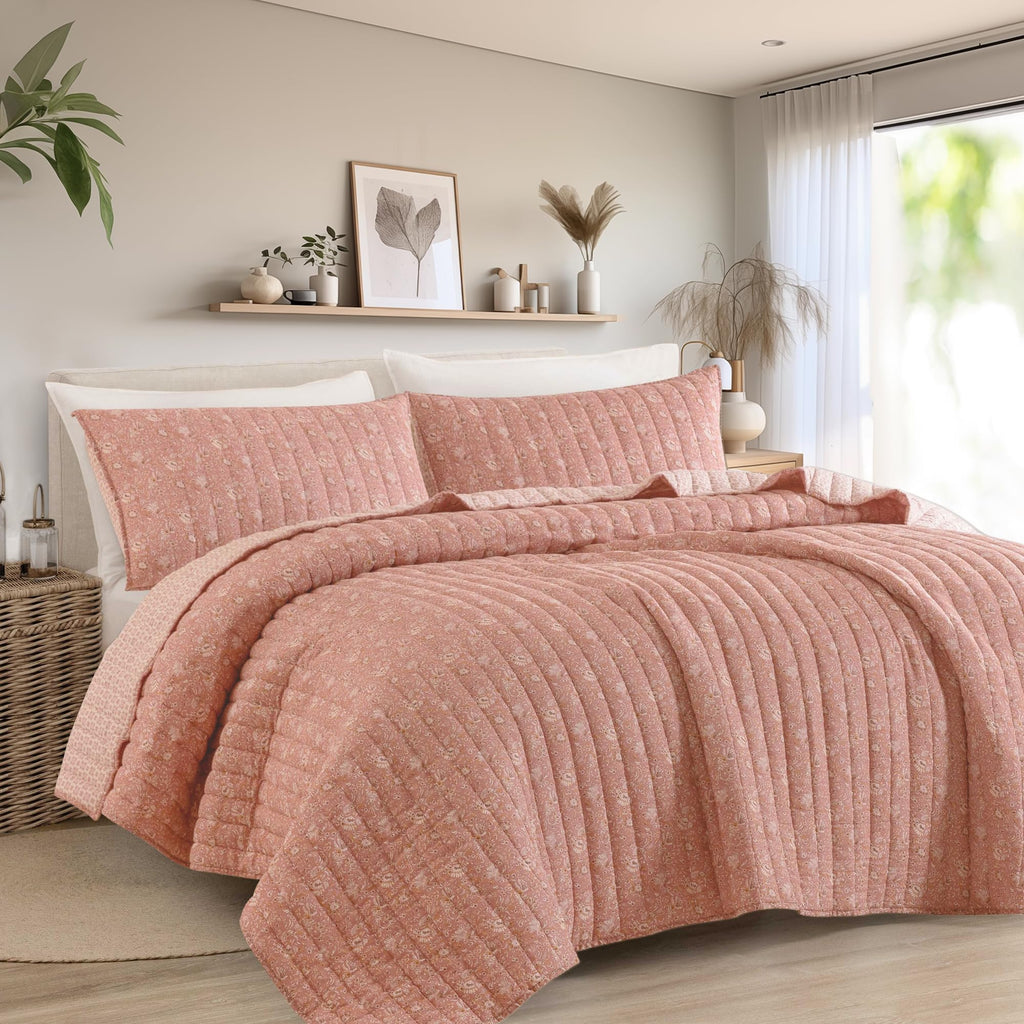 Cotton Gauze Quilt Set Queen Size Rose Paisley Bed Cover for All Season, Reversible Voile Quilt Bedding Sets with