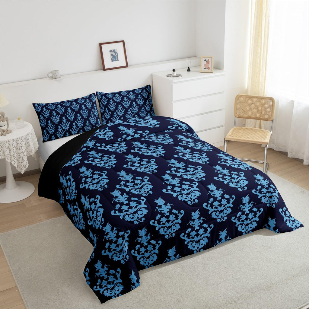 Gothic Bedding Set - Victorian Damask Comforter, Full Size, Black Floral, Bohemian Decor