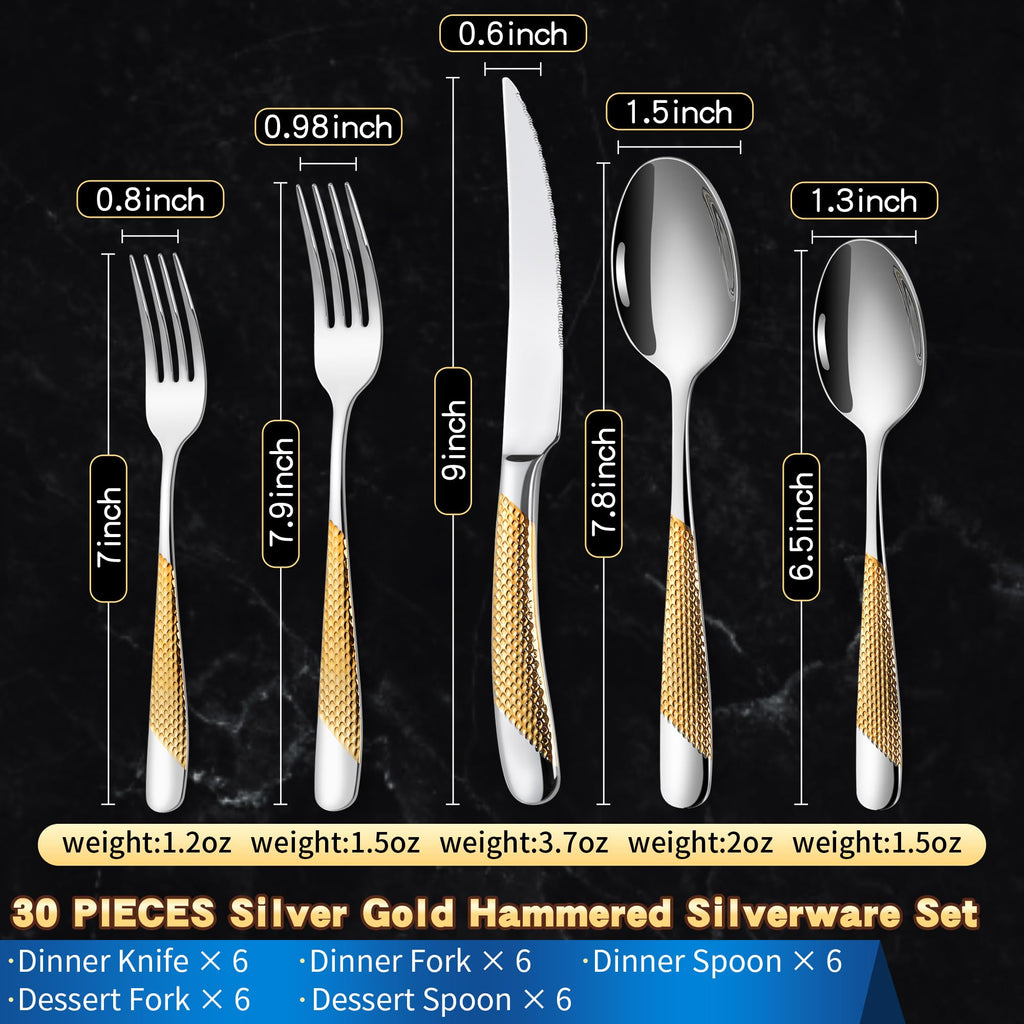 Hammered 30-Pieces Silver Gold Silverware Set for 6 with Serrated Forging Knives, 18/10 Stainless Steel Modern
