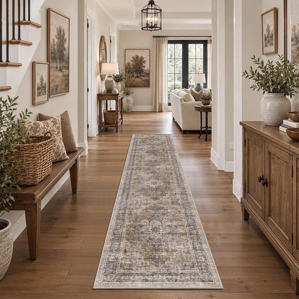 2x10 Vintage Runner Rug Low Pile Non-Slip Washable Hallway Rug