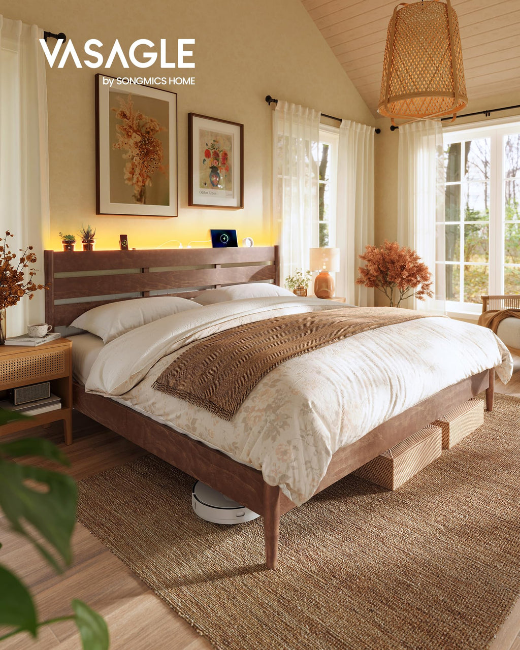 King Bed Frame, Wood Platform Bed with Headboard Storage Shelf