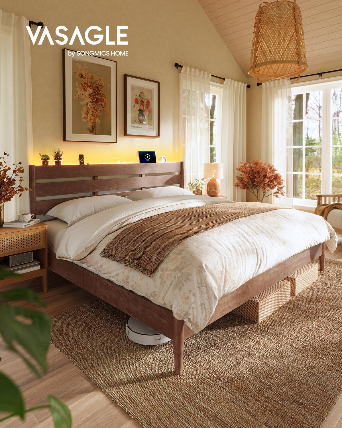 King Bed Frame, Wood Platform Bed with Headboard Storage Shelf