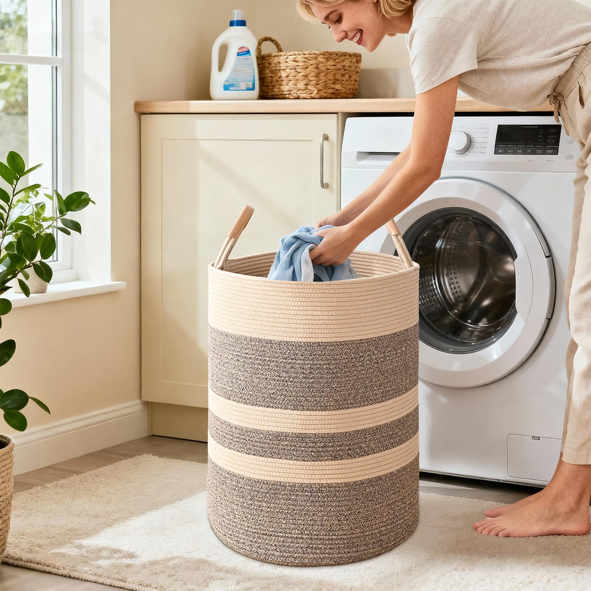 Large Laundry Basket, Laundry Hamper with Leather Handles, 75L Woven Dirty Clothes Hamper, Rope Hampers , Barthroom