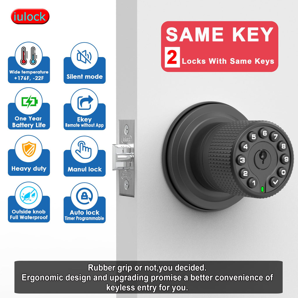 Smart Door Knob with Keypad and Key, Keyless Entry Door Lock with Rubber Grip, Auto Lock, 50 User Code, Waterproof, Easy
