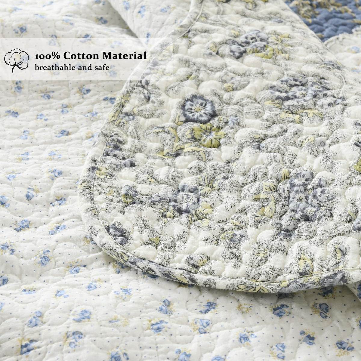 Quilt Set Reversible Country Farmhouse Floral Real Patchwork Quilted Bedspread 3-Piece Quilt Set with