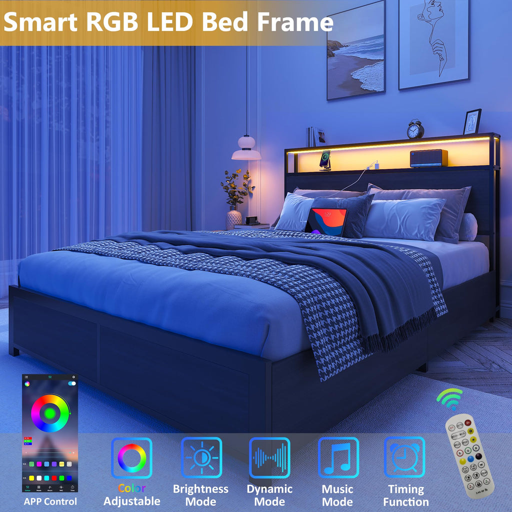 Bed Frame with 2-Tier Storage Headboard, Metal Platform Bed Frame with 4 Storage Drawers, Built in Charging